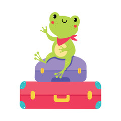 Cute Green Frog Traveler Sitting on Trunk Having Journey on Vacation Vector Illustration