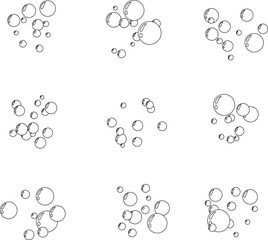Underwater air bubbles  decoration elements. Fizzy water or soap foam texture. Vector isolated outline design element. Icon collection
