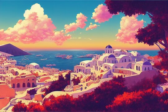 Greeceanime style 2d background illustration cartoonish style, high quality illustration