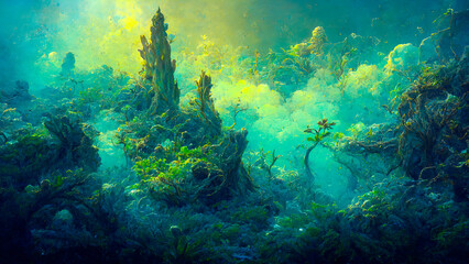 Naklejka na ściany i meble seabed landscape with algae and vegetation of super bright colors in fantasy style