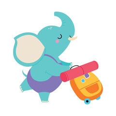 Cute Elephant Traveler with Suitcase Having Journey on Vacation Vector Illustration