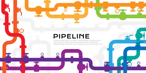 Pipelines colorful textured background with copy space. Industrial vector banner with pipes and equipment. - obrazy, fototapety, plakaty