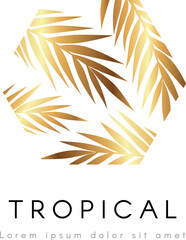 Fototapeta na wymiar Tropical exotic emblem. Golden palm tree leaves vector logo.