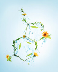 Serotonin molecule from flowers and splashes of water, joy of summer concept