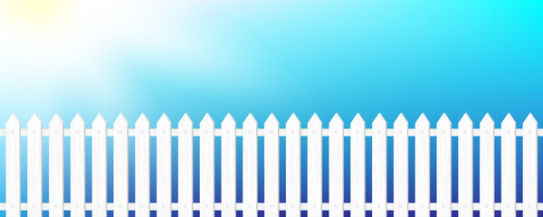 Summer panoramic landscape. Vector horizontal background with sky, sun and white fence.