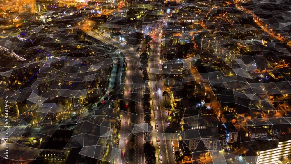 Leinwandbilder metaverse, smart city and night traffic network, drone and aerial 3d future cyber digital town. web 