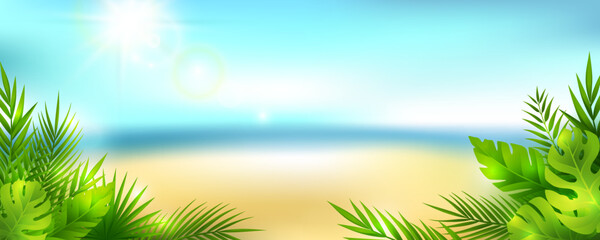 Obraz na płótnie Canvas Summer tropical panoramic landscape. Vector horizontal background with sky, clouds, beach and palm leaves.