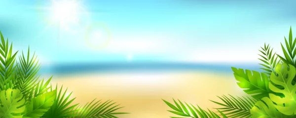 Foto op Canvas Summer tropical panoramic landscape. Vector horizontal background with sky, clouds, beach and palm leaves. © KsanaGraphica
