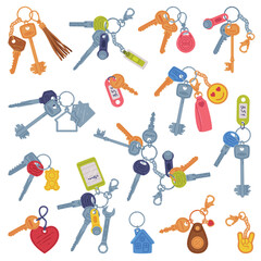 Trinket with Keys Hanging with Keychain or Keyring Vector Set