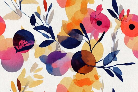 Abstract floral and geometric seamless pattern. Watercolor flowers and leaves, circle shapes filled with watercolour, minimal doodle textures on background. Hand painted illustration, fall design © 2rogan
