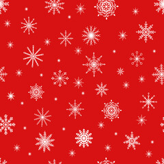 Christmas seamless pattern. White snowflakes on a red background. For your festive decor. Vector
