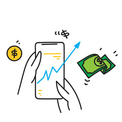 hand drawn doodle mobile phone with economic statistic arrow illustration