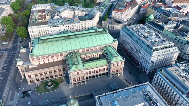 Aerial view of famous Vienna Opera house (Wiener Staatsoper) and the Art Gallery museum in historic center of city - landscape panorama of Austria from above, Europe