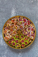 Delicious assortment of Turkish delight, top view closeup
