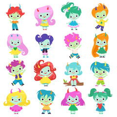 Tiny Troll Characters with Different Hair Color and Little Horns Big Vector Set - obrazy, fototapety, plakaty