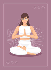 Fototapeta na wymiar Yoga young woman, card concept. Beautiful girl in a suit doing yoga. Healthy lifestyle. Poster. Template. Vector illustration in a flat style.