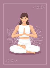 Yoga young woman, card concept. Beautiful girl in a suit doing yoga. Healthy lifestyle. Poster. Template. Vector illustration in a flat style.
