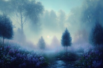 Obraz premium Enchanted garden mist blue soft. High quality 2d abstract illustration