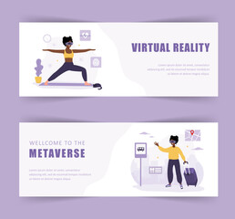 Metaverse banners. African women wearing VR headset. Virtual reality and Cyberspace. Modern technology entertainment. Vector illustration in flat cartoon style.