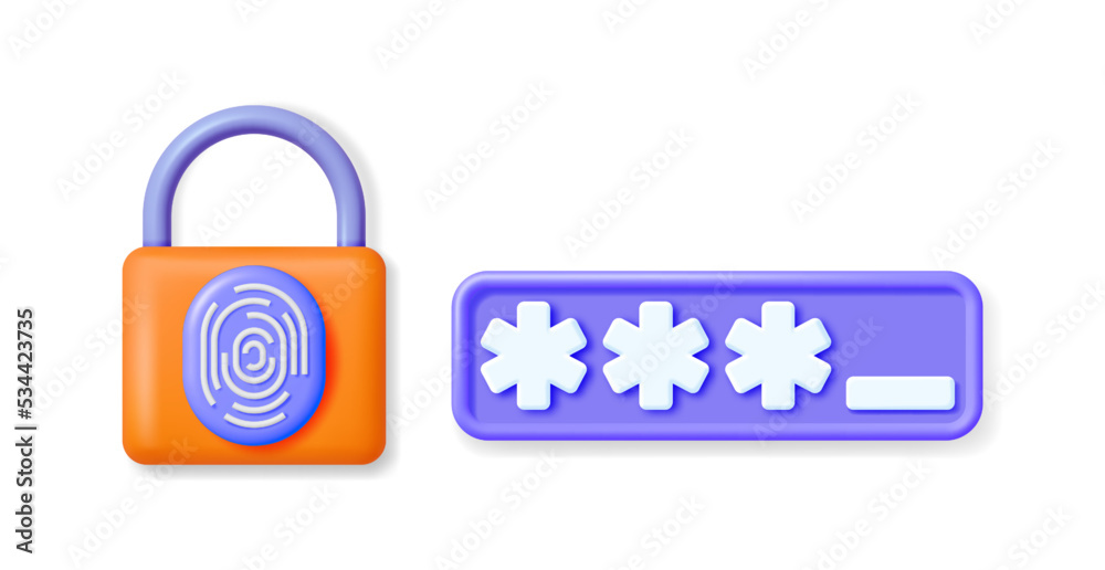 Poster 3d locked password field and padlock with fingerprint. render password with finger print. computer d