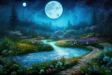 Fantasy magical enchanted fairy tale landscape with forest lake, fabulous fairytale garden. mysterious blue background and glowing moon ray in night