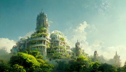 Post apocalyptic city, futuristic overgrown buildings, concept art. 3d illustration