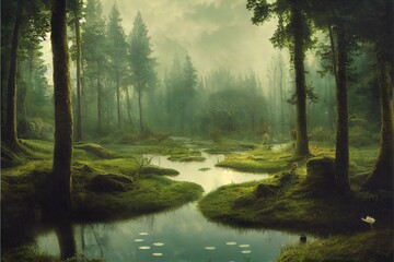Fantasy landscape in the forest with a pond. High quality illustration