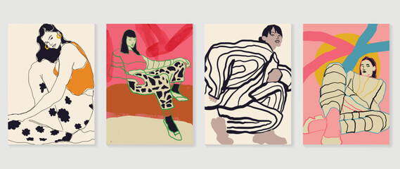 Abstract vintage wall art background vector. Collection of women in different poses, clothing, line art, organic shapes. Trendy style poster set for wall decoration, interior, wallpaper, banner.