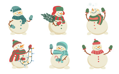 Obraz na płótnie Canvas Set of cute Christmas snowmen in hats and scarves. Collection of funny characters. Isolated flat vector illustration.