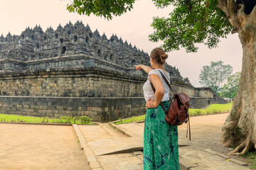 A traveller visiting Borobudur Temple in Yogyakarta, Java, Indonesia