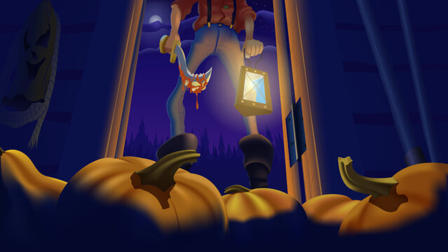 A mysterious man with a knife and a lamp in his hands stands in the doorway and lights up the pumpkins on the floor. Halloween preparations. View from below through the open door of the shed.