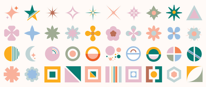 Collection of geometric shapes on white background. Abstract colorful icon element of star, sparkling, different shapes, bubble, flowers. Icon graphic design for decoration, logo, business, ads.