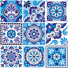Mexican talavera style tile vector seamless pattern navy blue collection, decorative indigo tiles with flowers, swirls inspired by folk art from Mexico 