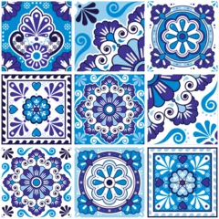 Tapeten Mexican talavera style tile vector seamless pattern navy blue collection, decorative indigo tiles with flowers, swirls inspired by folk art from Mexico  © redkoala