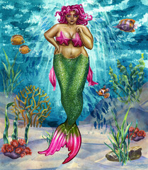 Drawing of a mermaid in a body with bright pink hair and a green tail. Bodypositive. At the bottom of the ocean, surrounded by sea creatures and plants. Watercolor drawing.