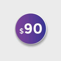 90 dollar price tag. Price $90 USD dollar only Sticker sale promotion Design. shop now button for Business or shopping promotion
