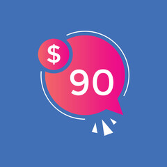 $90 USD Dollar Month sale promotion Banner. Special offer, 90 dollar month price tag, shop now button. Business or shopping promotion marketing concept
