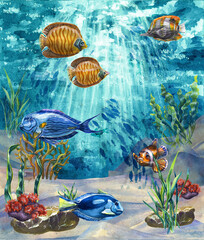 Obraz na płótnie Canvas Watercolor landscape of the sea depths. Ocean fish surrounded by corals and underwater plants.