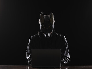 masked hacker with laptop at night
