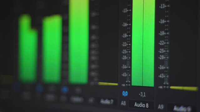 Audio monitoring. Multiple audio meters on screen. Close up