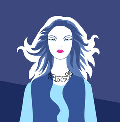 Portrait of woman in denim jacket with long hair in backlight, flat style vector fashion illustration