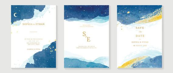 Luxury wedding invitation card template. Watercolor card with blue color, star, sparkle, gold brush, watercolor texture, foil. Elegant galaxy vector design suitable for banner, cover, invitation. © TWINS DESIGN STUDIO