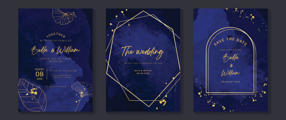 Luxury wedding invitation card template. Watercolor card with dark blue, ginkgo, sparkle, gold brush, foliage, polygon. Elegant gold frame vector design suitable for banner, cover, invitation.