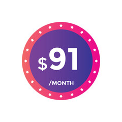 $91 USD Dollar Month sale promotion Banner. Special offer, 91 dollar month price tag, shop now button. Business or shopping promotion marketing concept
