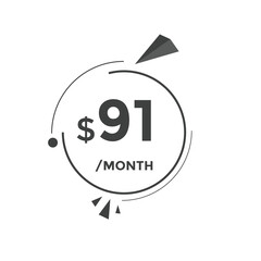 $91 USD Dollar Month sale promotion Banner. Special offer, 91 dollar month price tag, shop now button. Business or shopping promotion marketing concept
