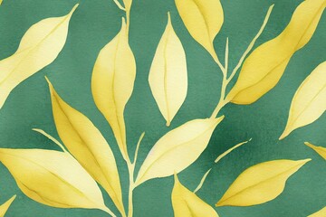 A seamless background pattern with watercolor green and golden yellow leaves, toned