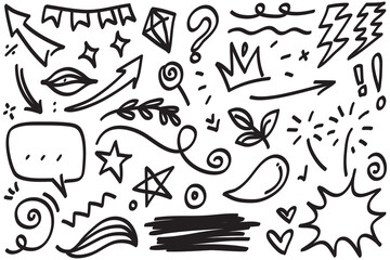 Fototapeta na wymiar Hand drawn set elements, Abstract arrows, ribbons, hearts, stars, crowns and other elements in a hand drawn style for concept designs. Scribble illustration. Vector illustration.