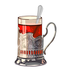 Hot tea in a glass cup and a metal cup holder with a spoon. Symbol of traditional Russian tea drinking.