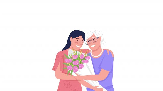 Animated girl with mom characters. Daughter giving bouquet to mother. Flat people HD video footage with alpha channel. Color cartoon style illustration for motion graphic design and animation