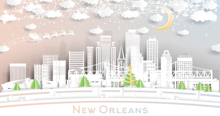 New Orleans Louisiana City Skyline in Paper Cut Style with Snowflakes, Moon and Neon Garland.